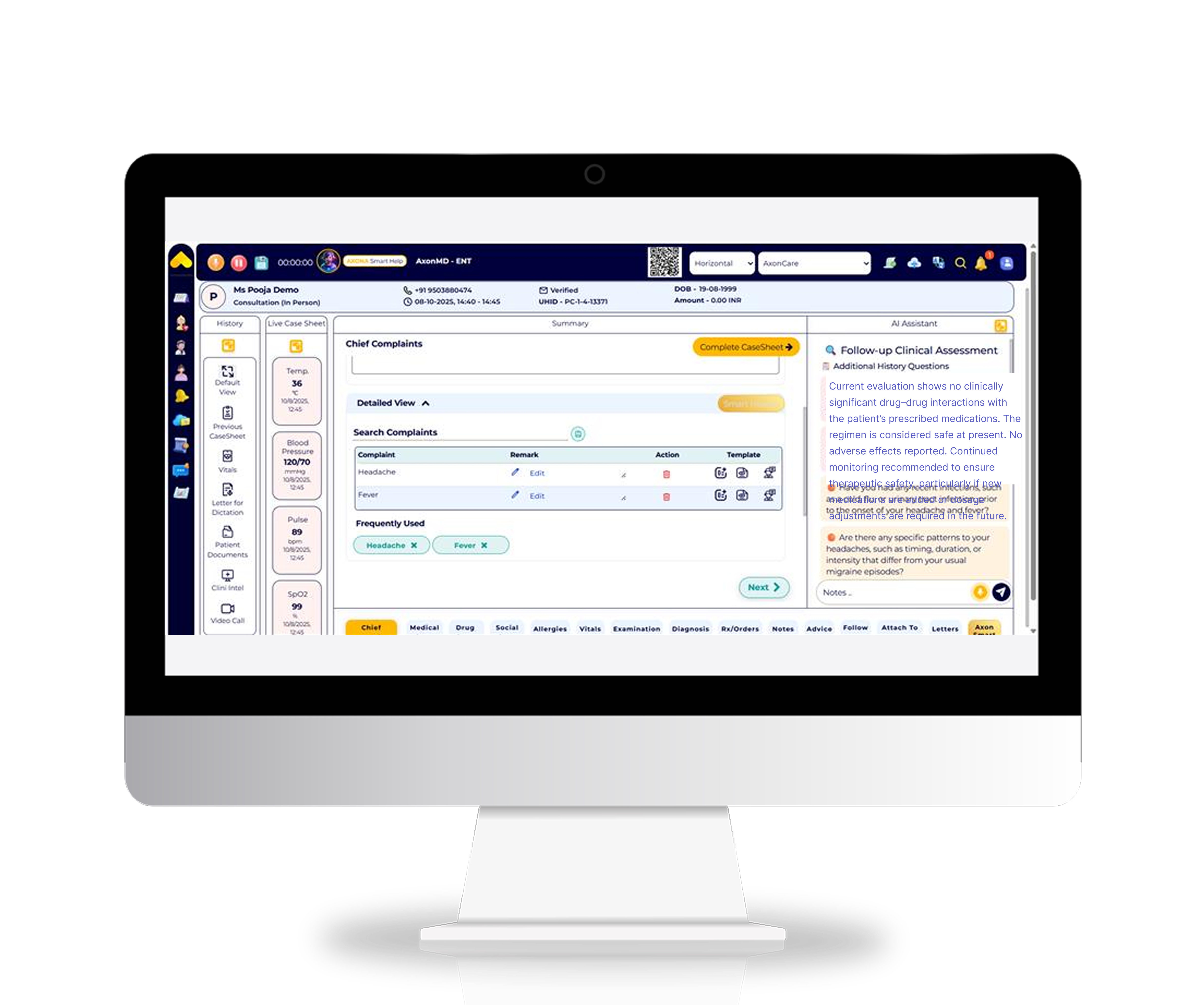 AI-Powered Smart Buttons - AxonMD clinic management feature showing Meet your personal clinical assistants—Smart History, Smart Prescriptions, Smart...