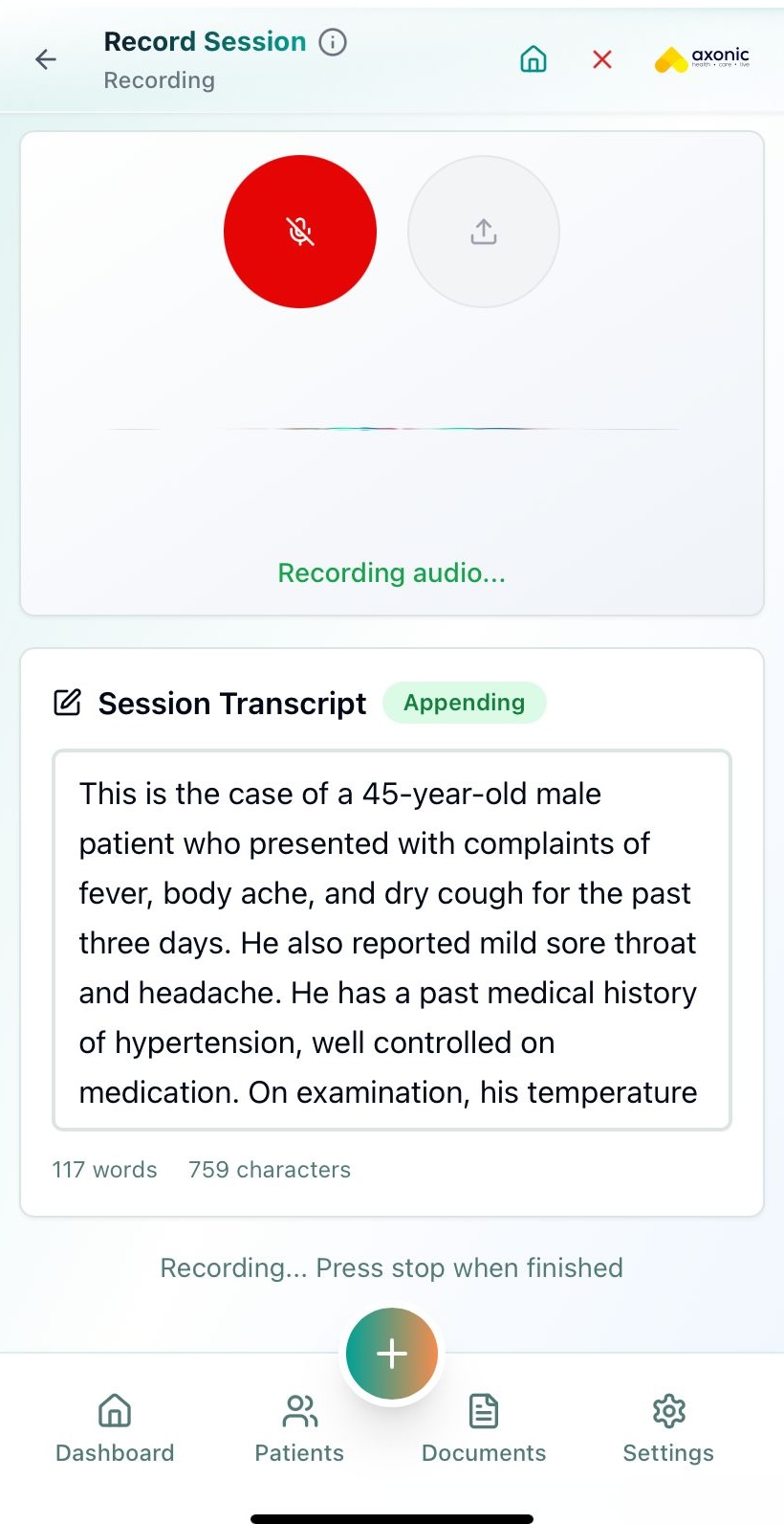 AI-Powered Medical Scribe - AxonScribe AI medical scribe feature showing Automatically transcribes doctor-patient conversations in real time with 95%+ ac...